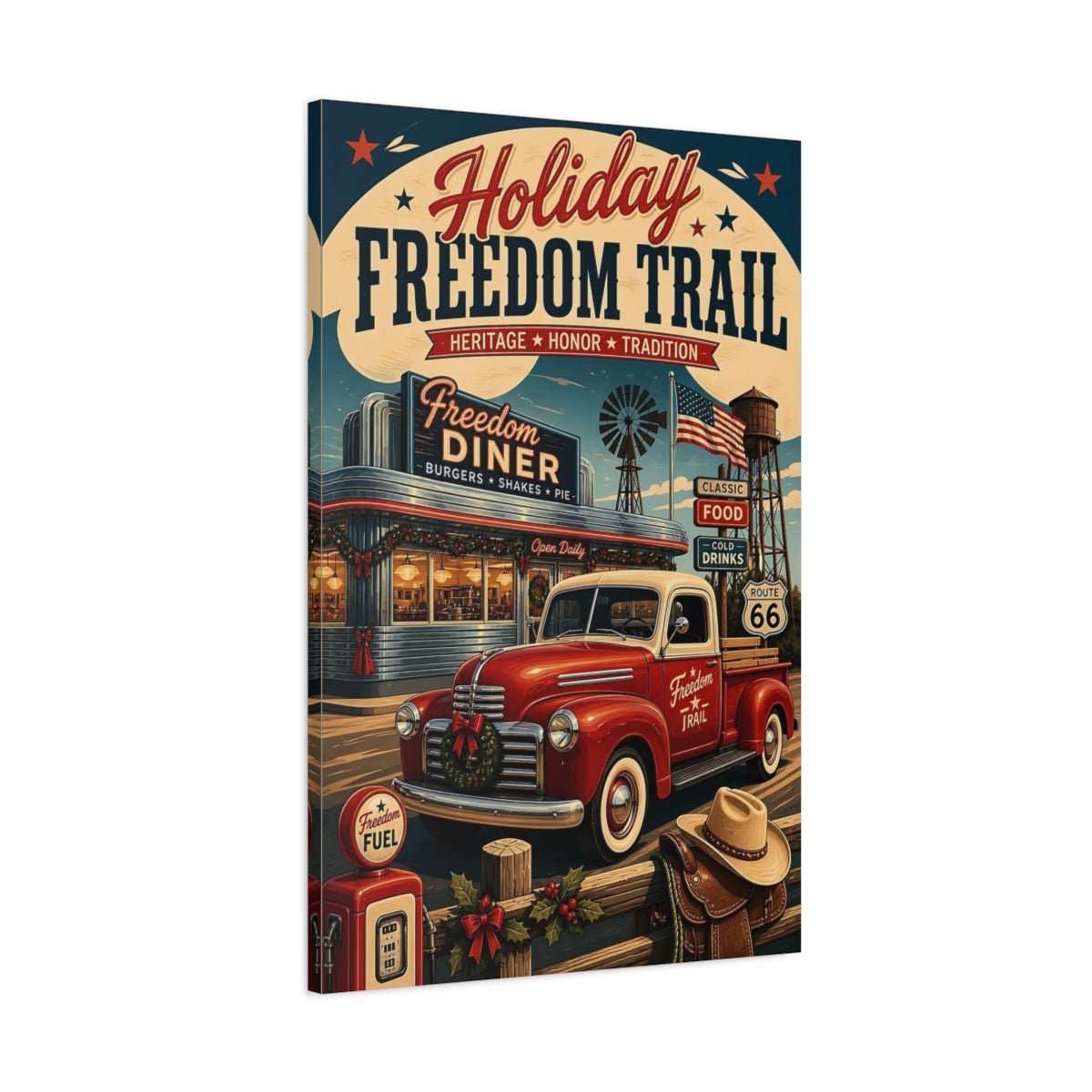 Vintage Truck Red Holiday Canvas Print – Living Room, Above Console Table - YesArtYes