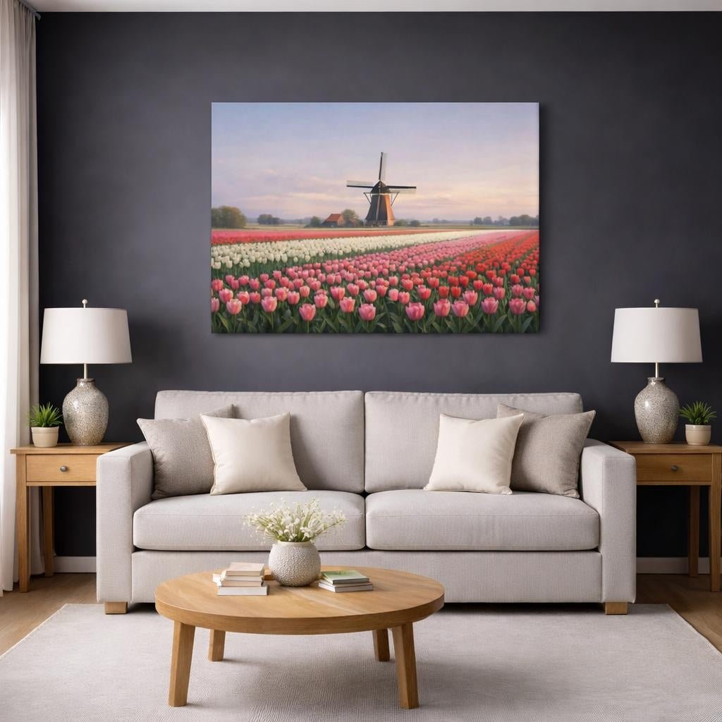 Vintage Tulip Field Nature - Canvas Wall Art Print - YesArtYes