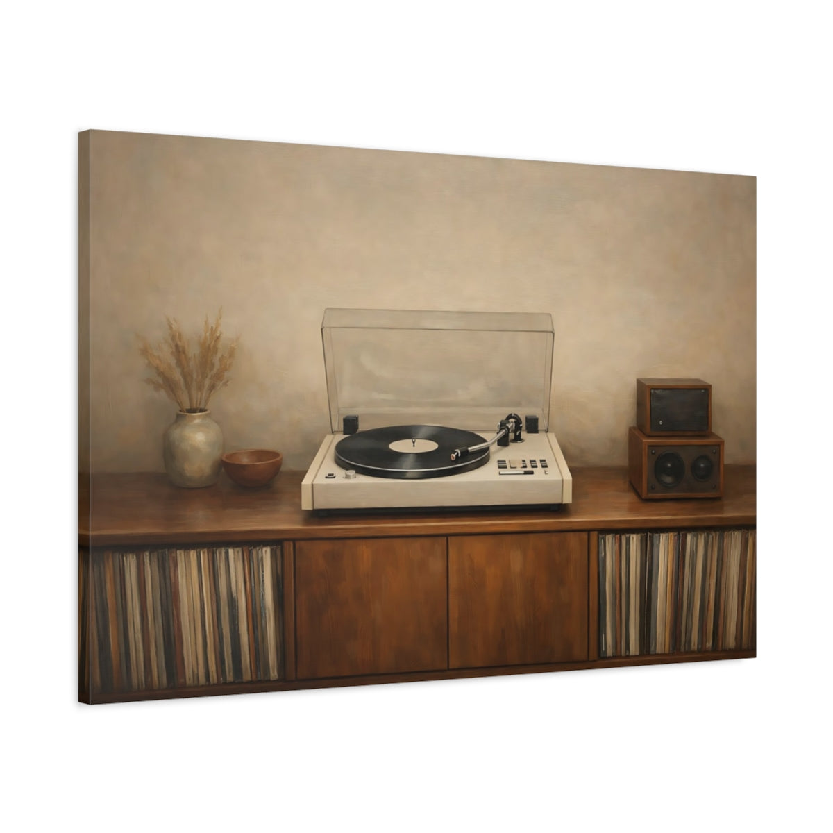 Side Mockup 1. Vintage Turntable Vintage Audio Setup shown as stretched canvas wall art