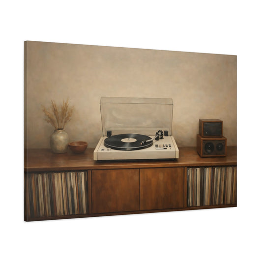 Main Mockup. Vintage Turntable Vintage Audio Setup shown as stretched canvas wall art