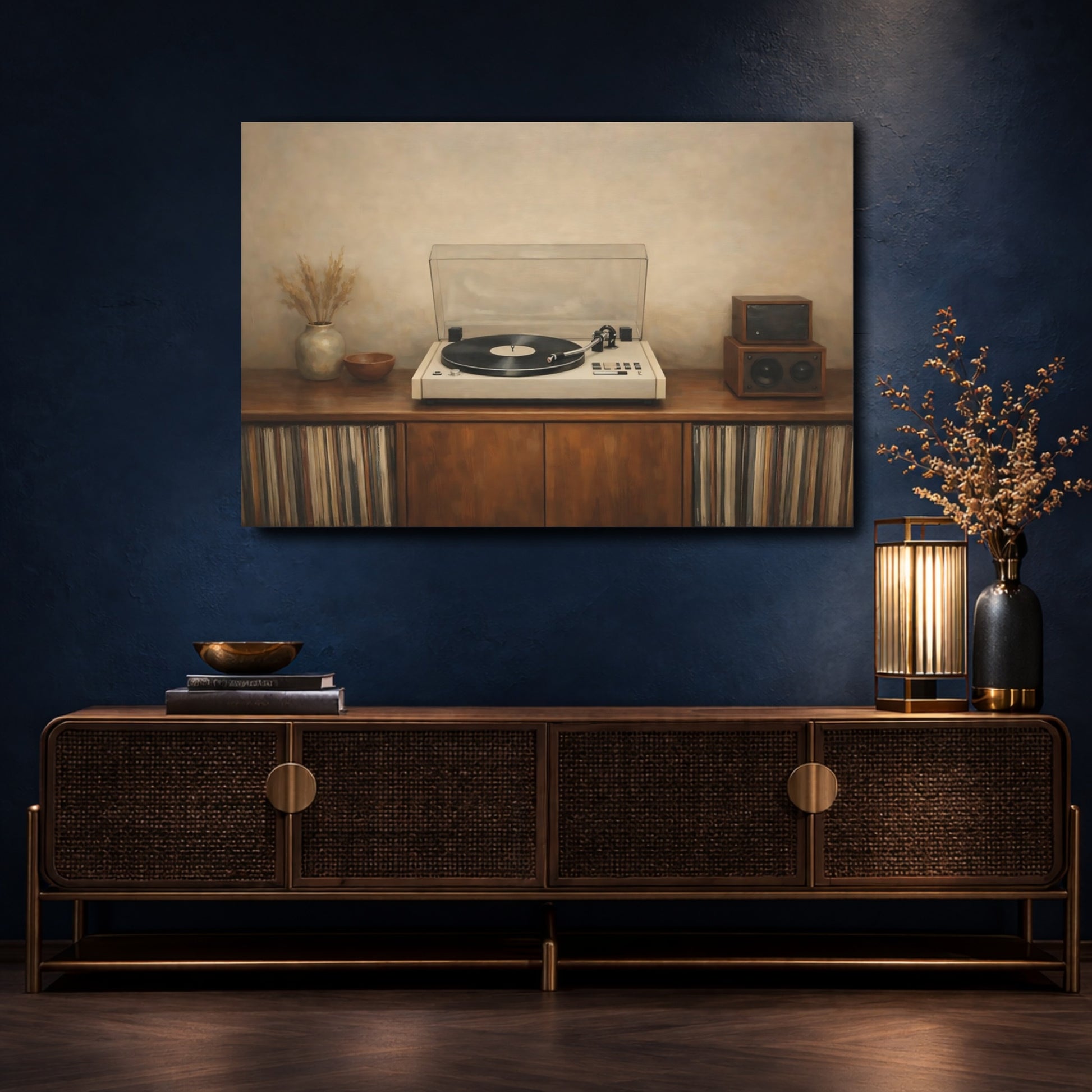 Mockup 4. Vintage Turntable Vintage Audio Setup shown as stretched canvas wall art
