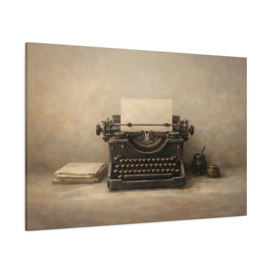 Main Mockup. Vintage Typewriter Brown And Grey shown as stretched canvas wall art