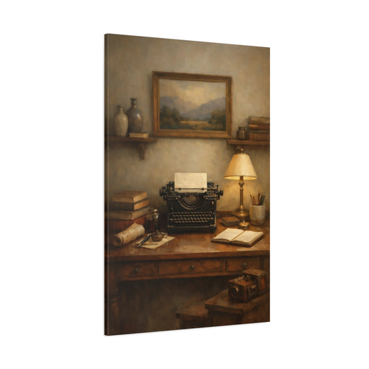 Main Mockup. Vintage Typewriter Brown Vintage Desk shown as stretched canvas wall art