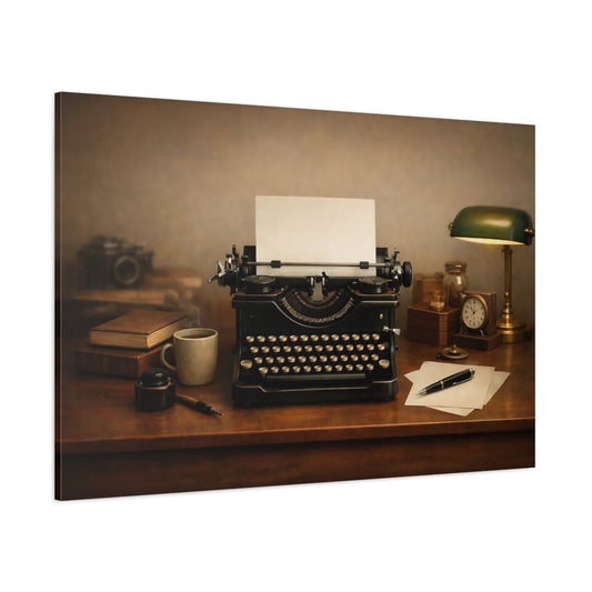 Vintage Typewriter Desk Setup - Canvas Wall Art Print - YesArtYes