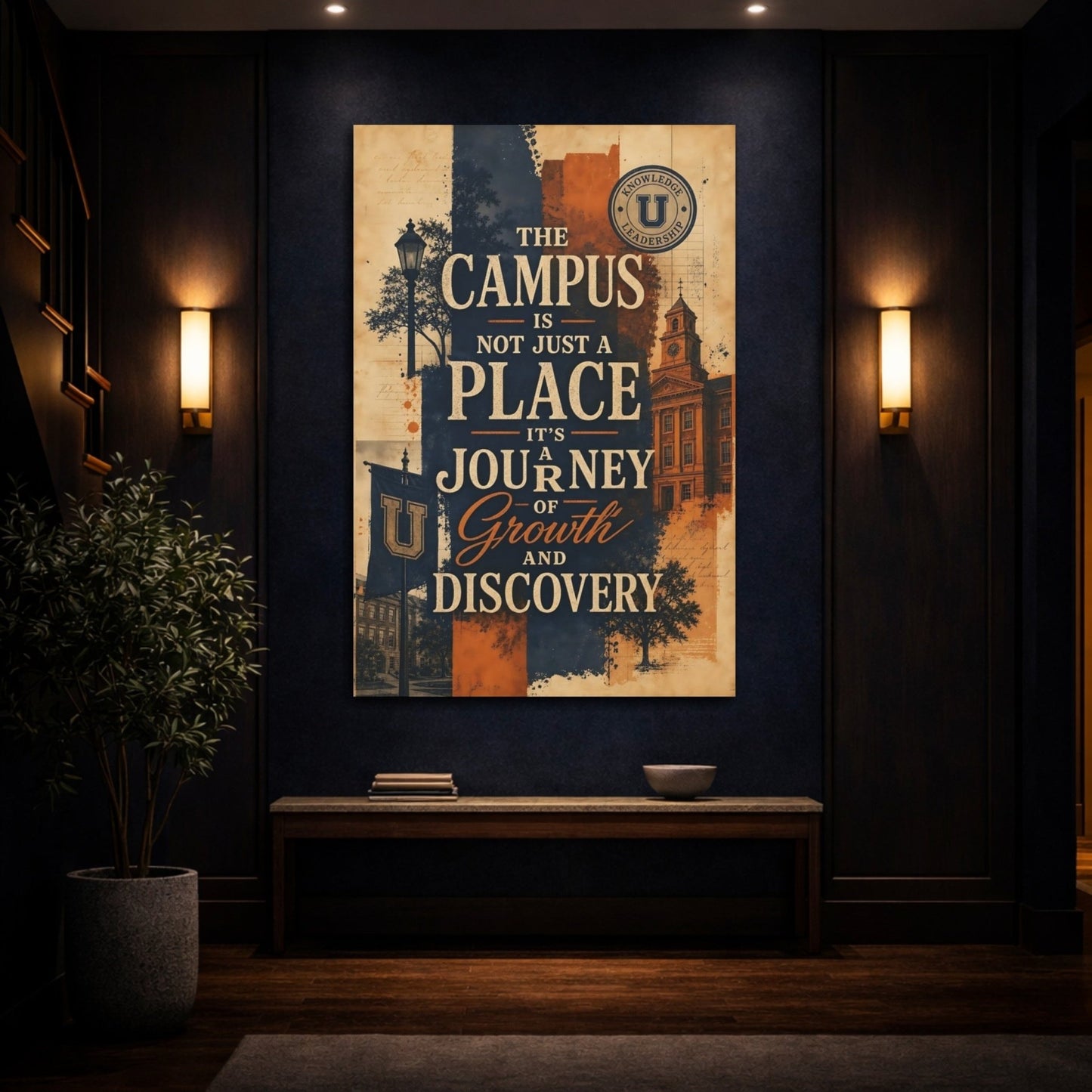 Vintage University Campus Blue Orange Canvas Print – Office, Workspace Wall - YesArtYes