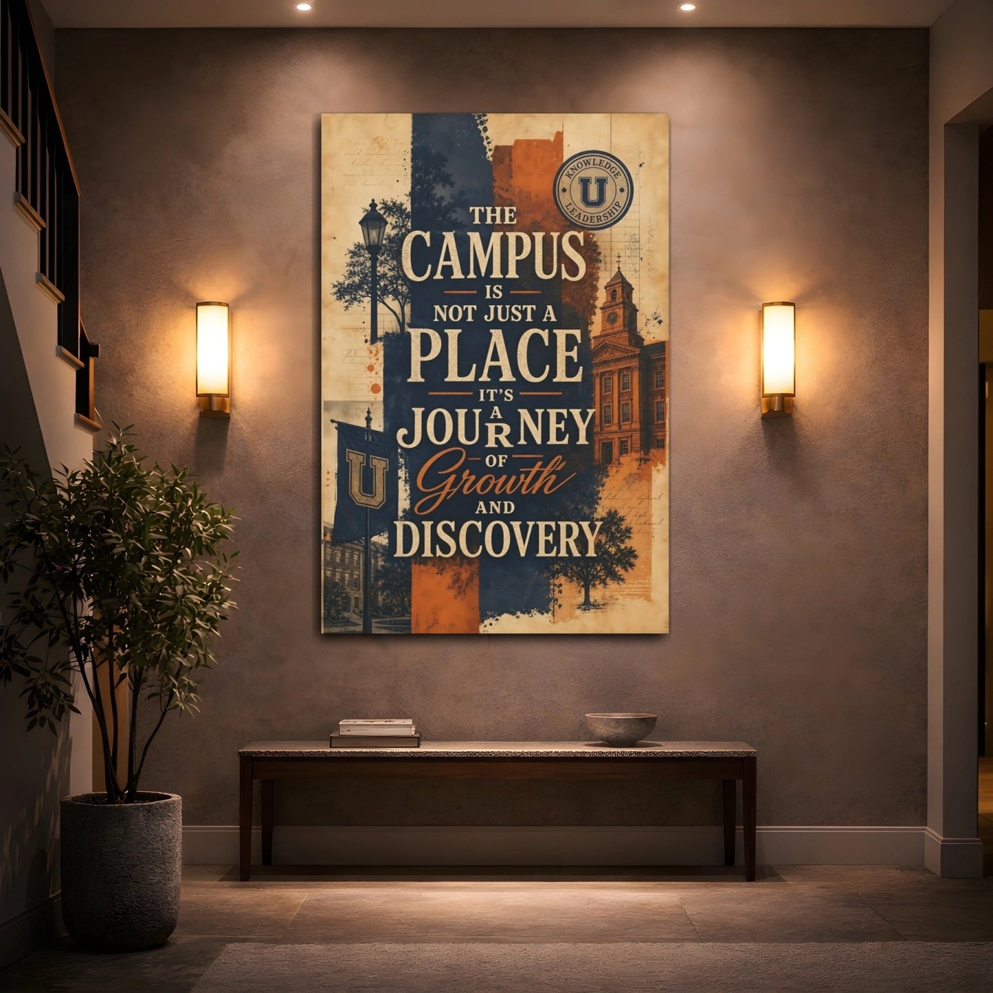 Vintage University Campus Blue Orange Canvas Print – Office, Workspace Wall - YesArtYes