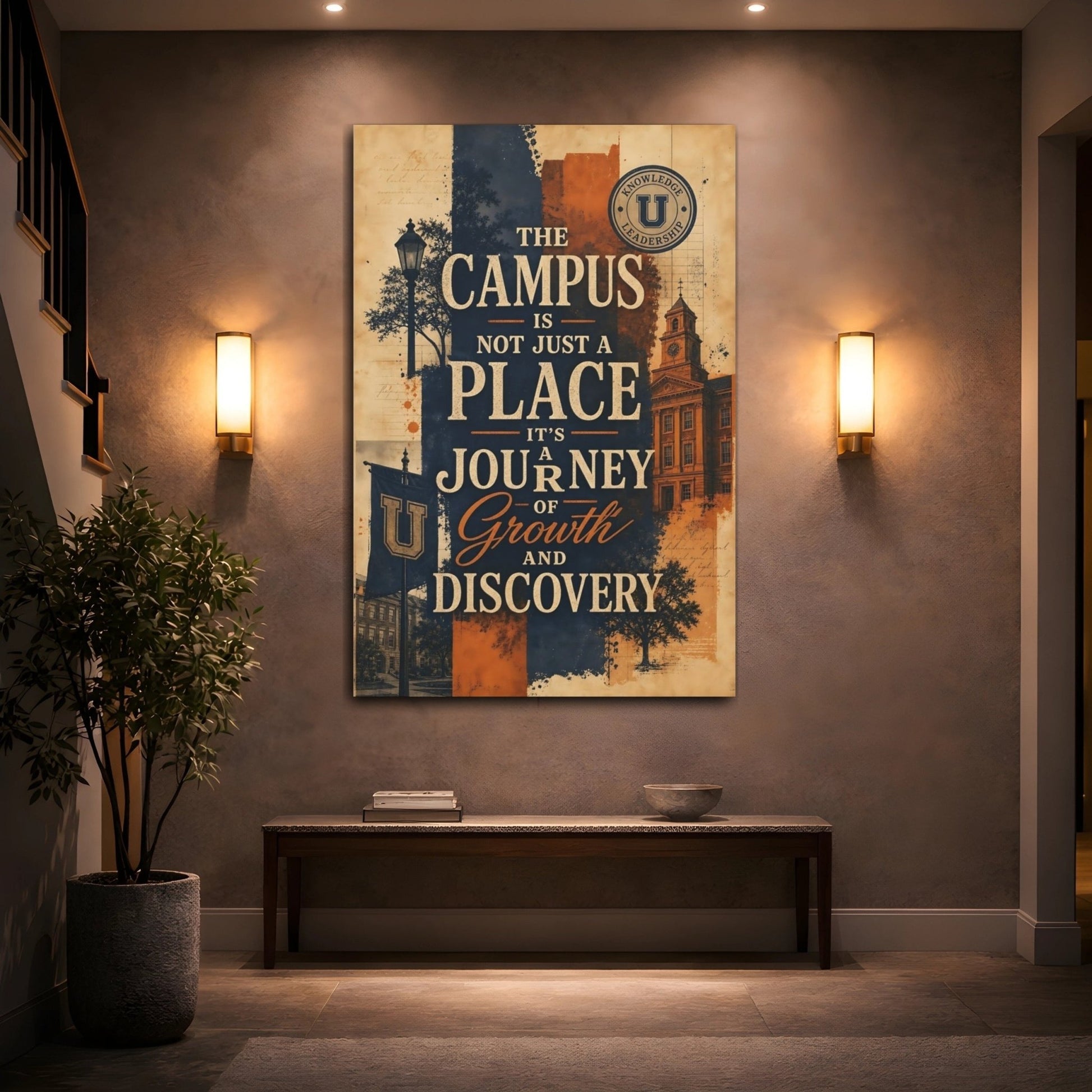 Vintage University Campus Blue Orange Canvas Print – Office, Workspace Wall - YesArtYes