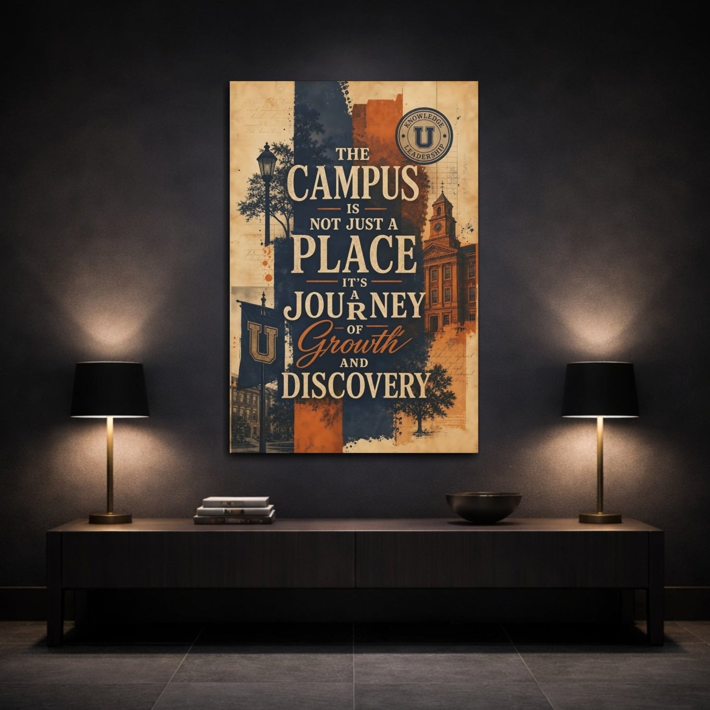 Vintage University Campus Blue Orange Canvas Print – Office, Workspace Wall - YesArtYes