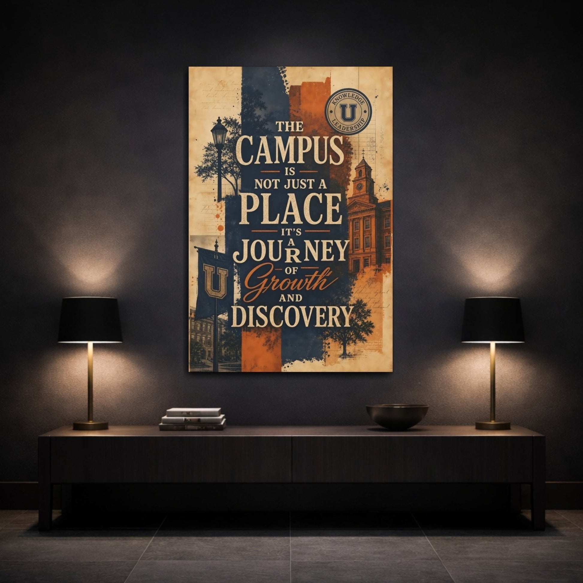 Vintage University Campus Blue Orange Canvas Print – Office, Workspace Wall - YesArtYes