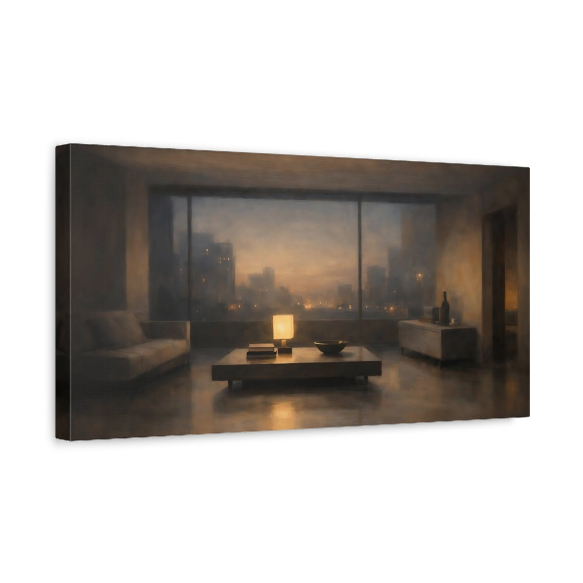 Side Mockup 3. Vintage Urban Interior Warm Urban Evening shown as stretched canvas wall art