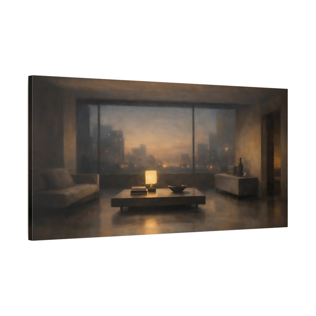 Side Mockup 1. Vintage Urban Interior Warm Urban Evening shown as stretched canvas wall art