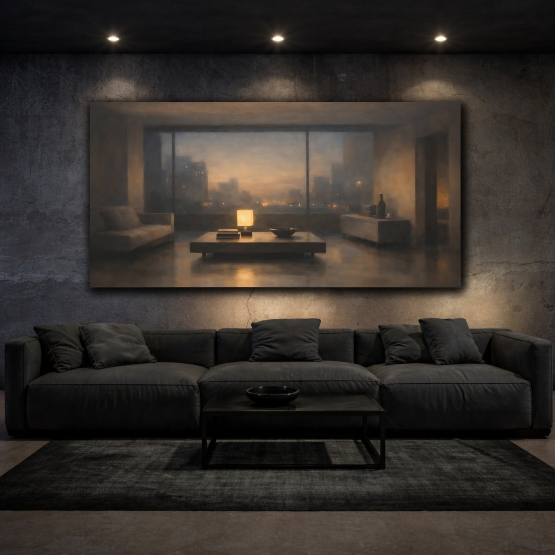 Mockup 2. Vintage Urban Interior Warm Urban Evening shown as stretched canvas wall art