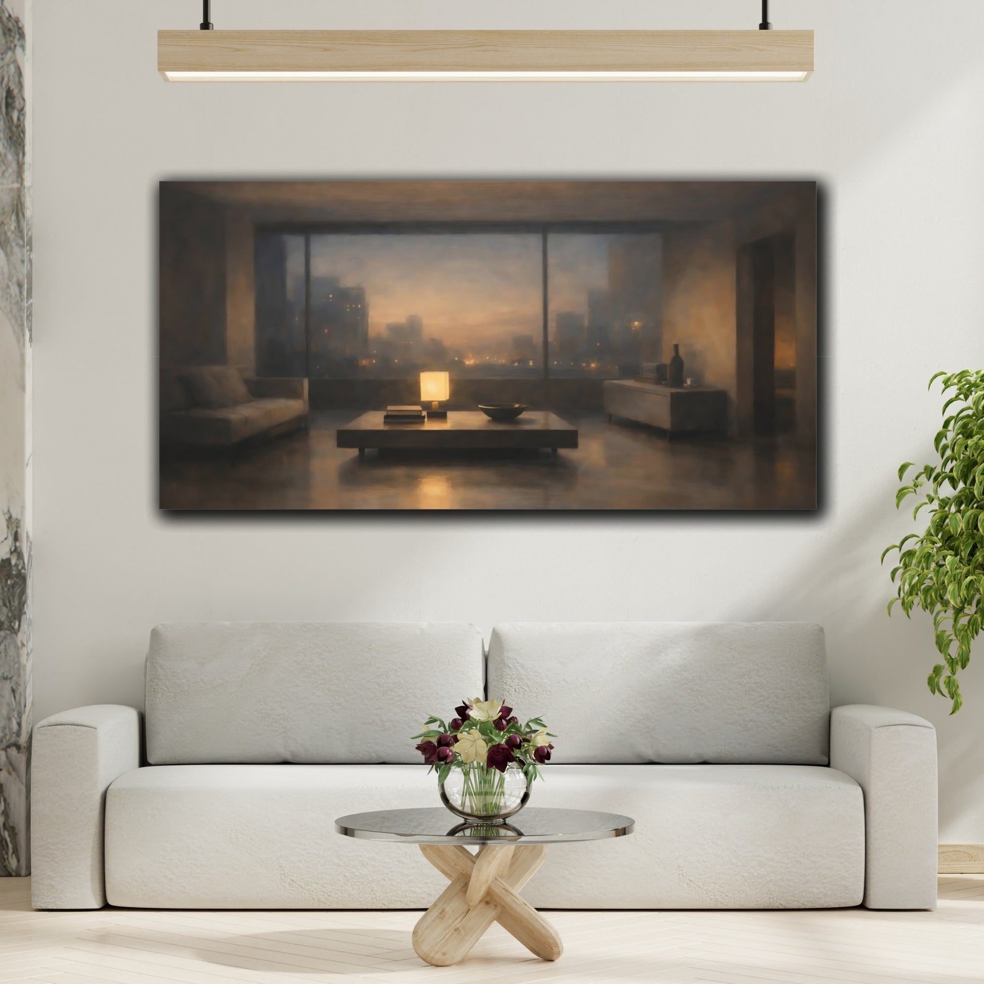 Mockup 3. Vintage Urban Interior Warm Urban Evening shown as stretched canvas wall art