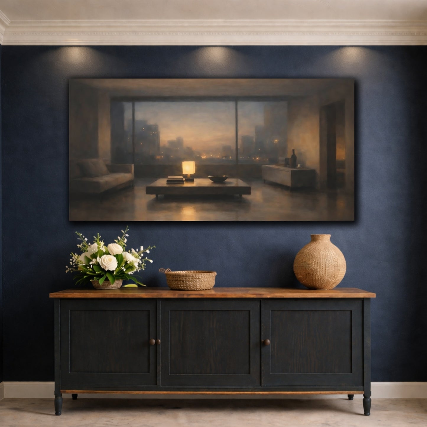 Mockup 4. Vintage Urban Interior Warm Urban Evening shown as stretched canvas wall art