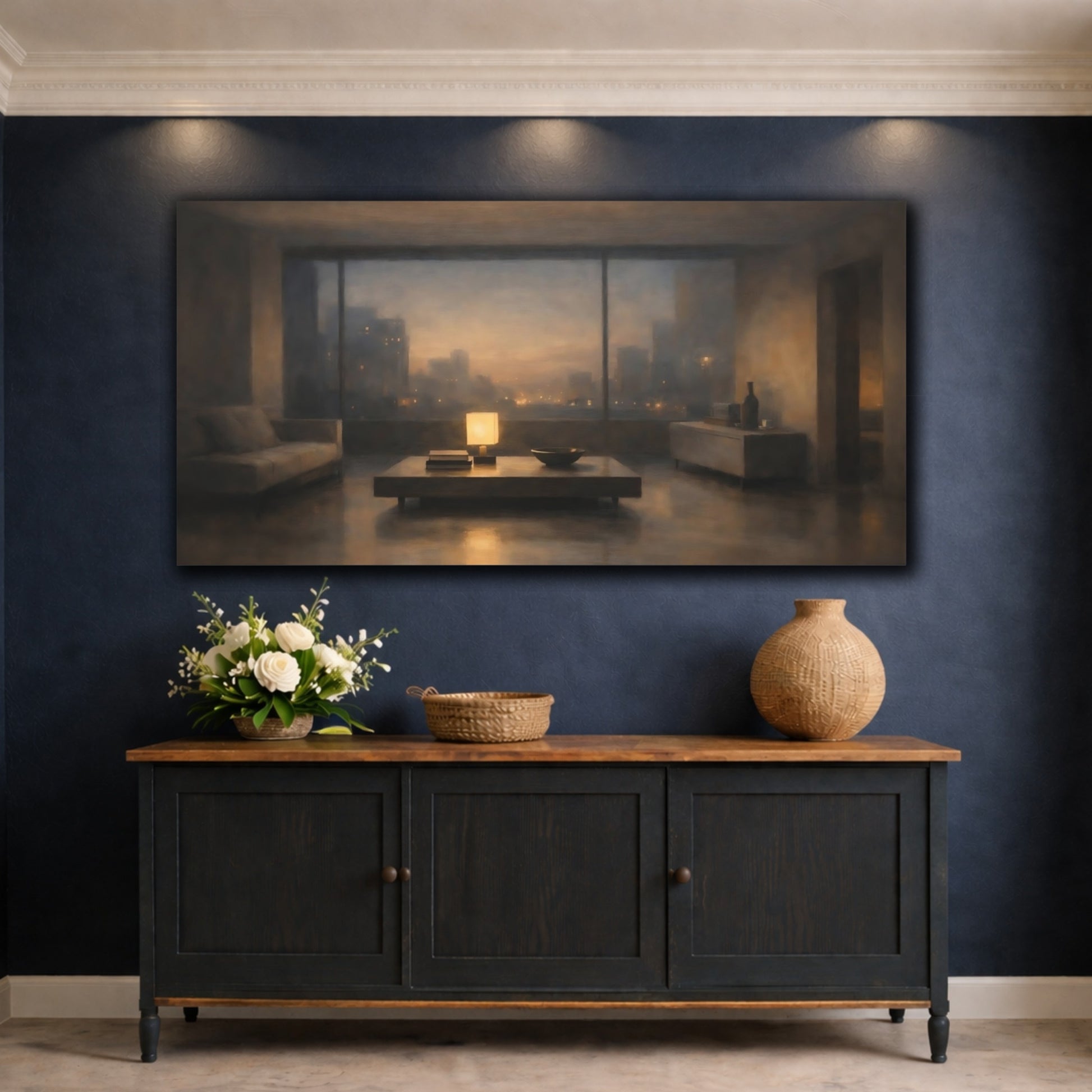 Mockup 4. Vintage Urban Interior Warm Urban Evening shown as stretched canvas wall art