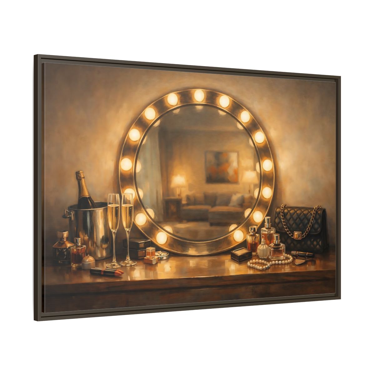 Main Mockup. Vintage Vanity Mirror Brown And Gold shown as stretched canvas wall art