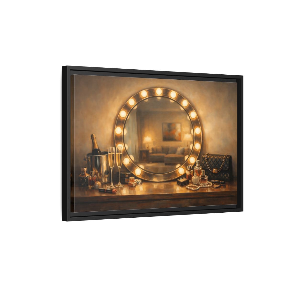 Side Mockup 3. Vintage Vanity Mirror Brown And Gold shown as stretched canvas wall art