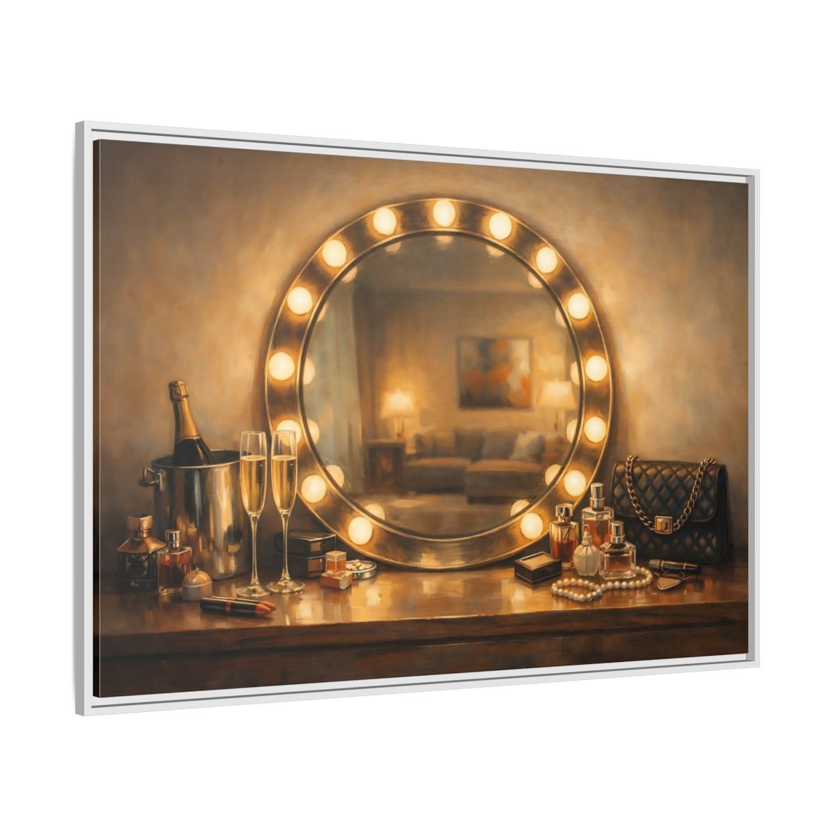 Side Mockup 7. Vintage Vanity Mirror Brown And Gold shown as stretched canvas wall art