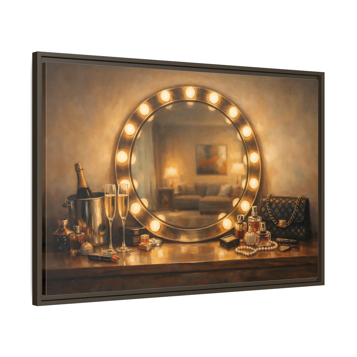 Side Mockup 9. Vintage Vanity Mirror Brown And Gold shown as stretched canvas wall art