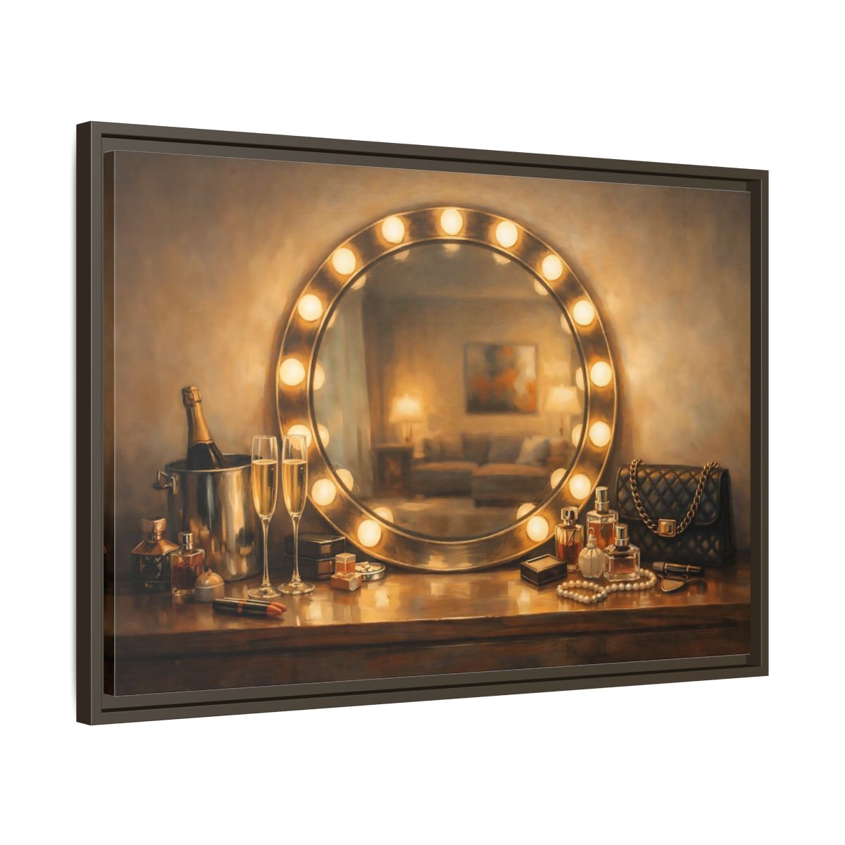 Side Mockup 11. Vintage Vanity Mirror Brown And Gold shown as stretched canvas wall art