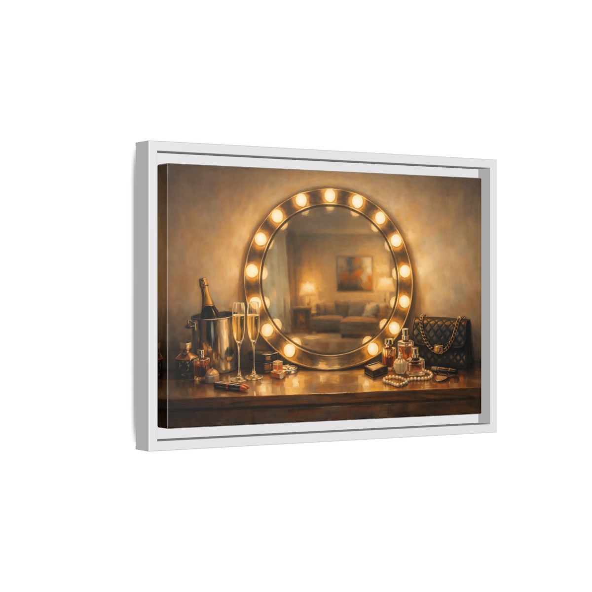 Side Mockup 4. Vintage Vanity Mirror Brown And Gold shown as stretched canvas wall art