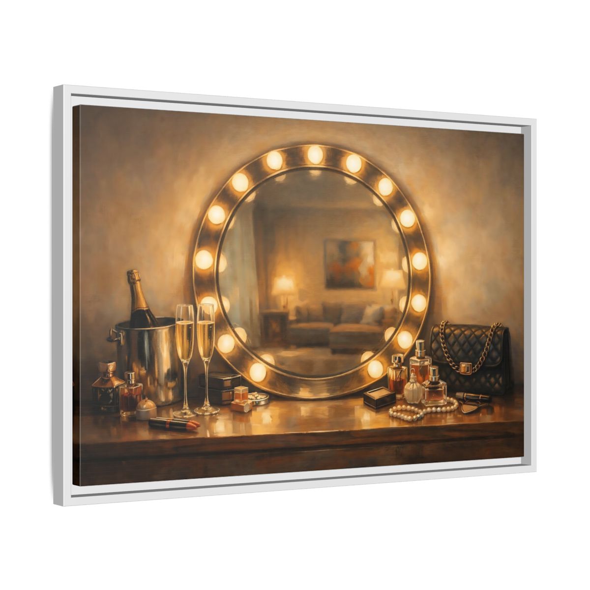 Side Mockup 10. Vintage Vanity Mirror Brown And Gold shown as stretched canvas wall art