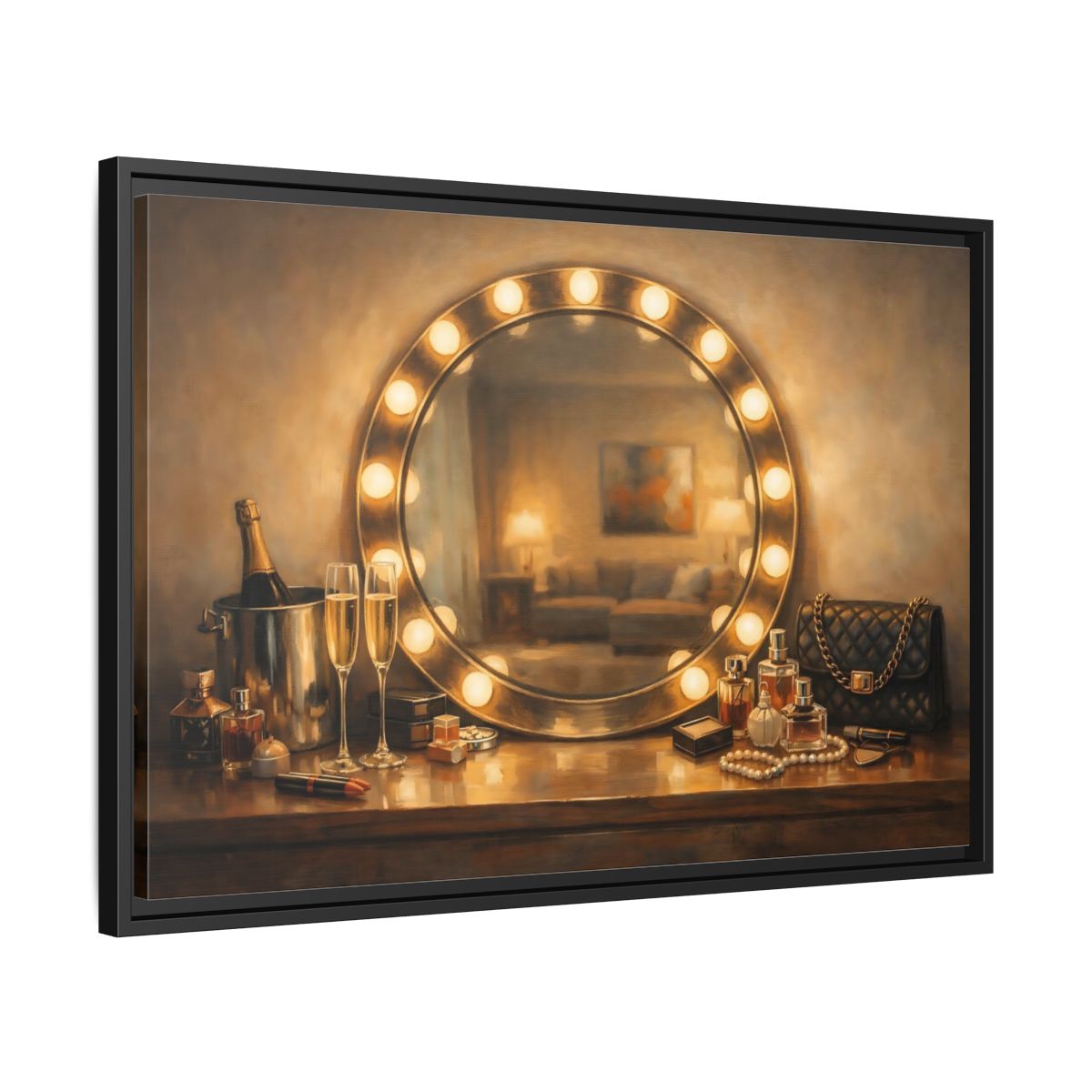 Side Mockup 14. Vintage Vanity Mirror Brown And Gold shown as stretched canvas wall art