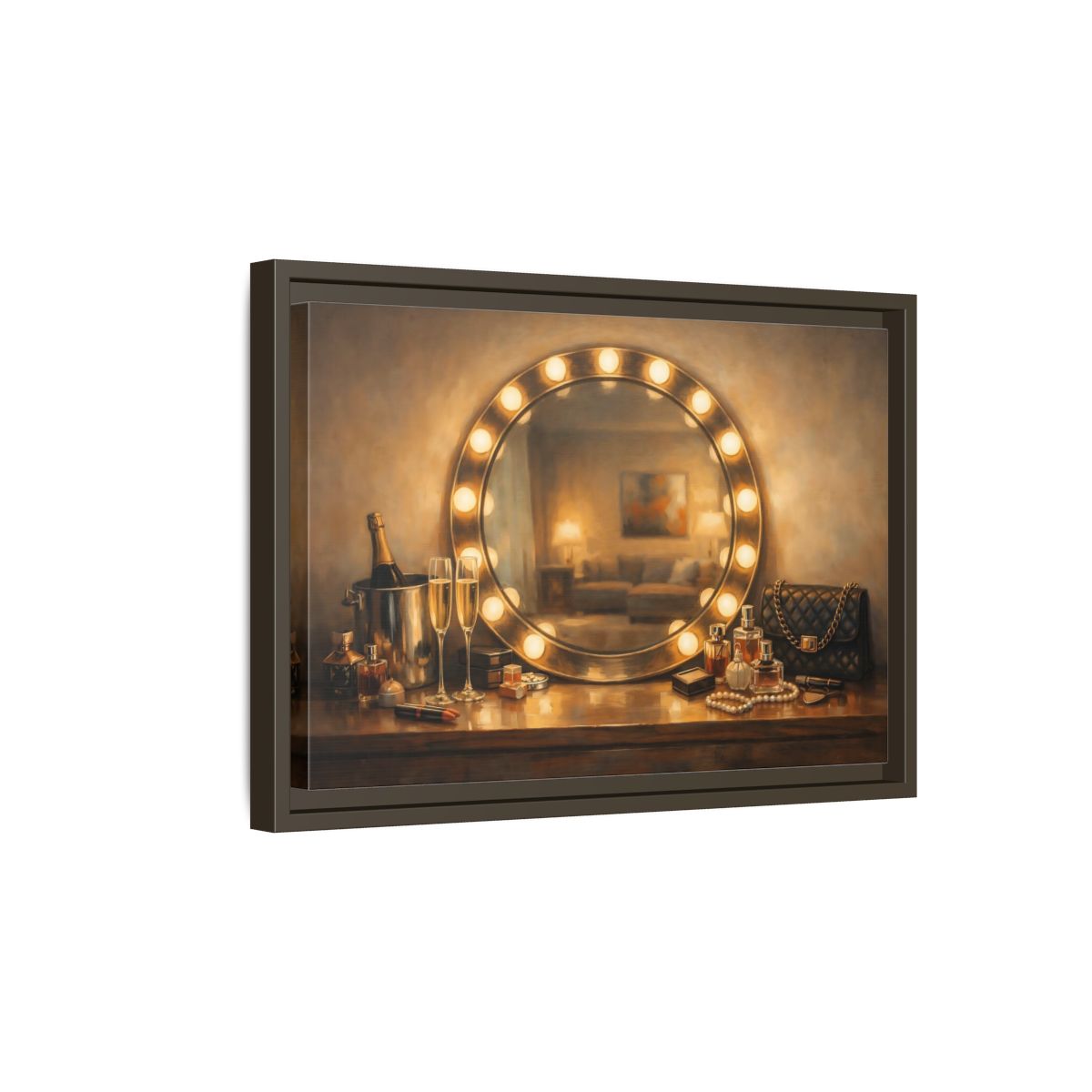 Side Mockup 5. Vintage Vanity Mirror Brown And Gold shown as stretched canvas wall art