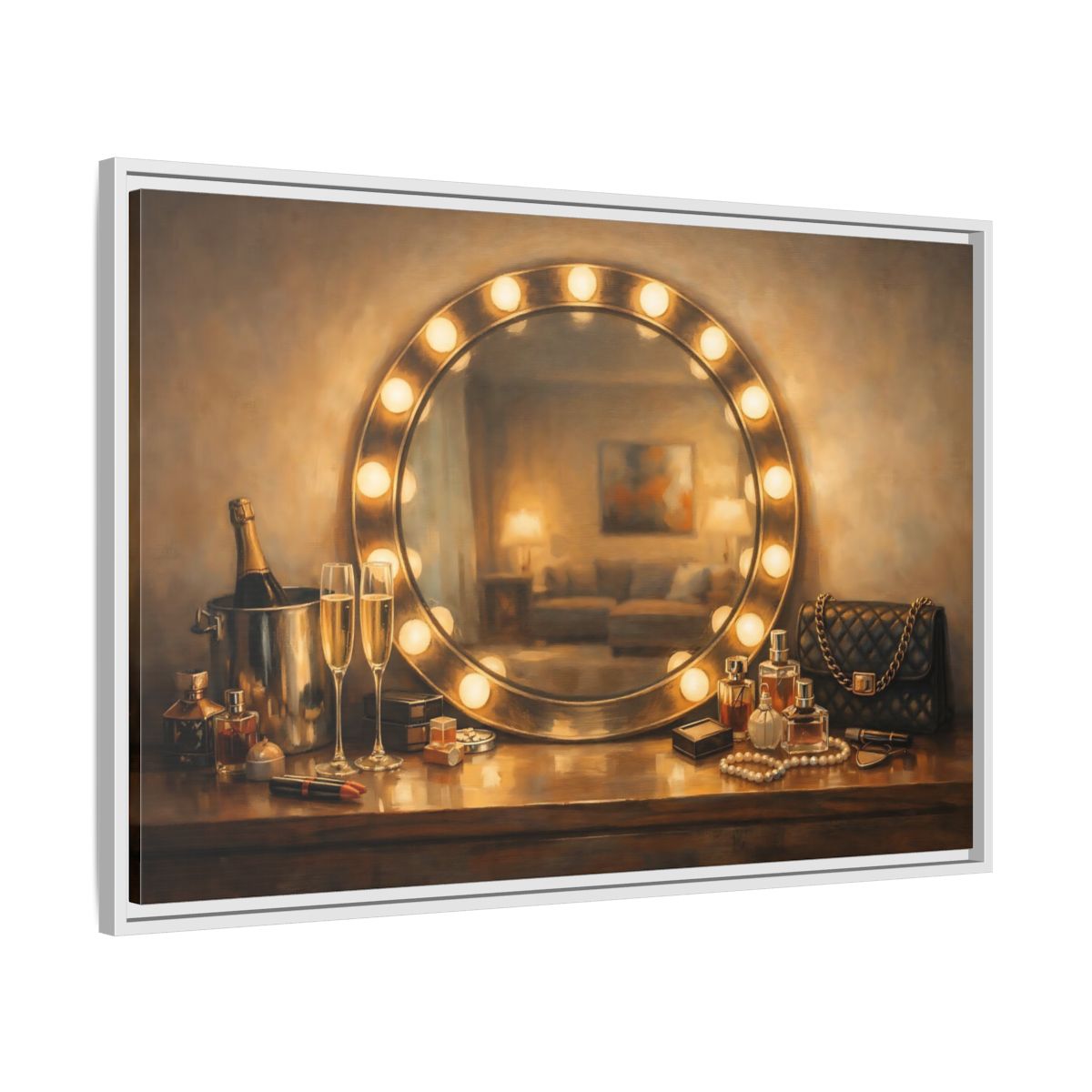 Side Mockup 8. Vintage Vanity Mirror Brown And Gold shown as stretched canvas wall art