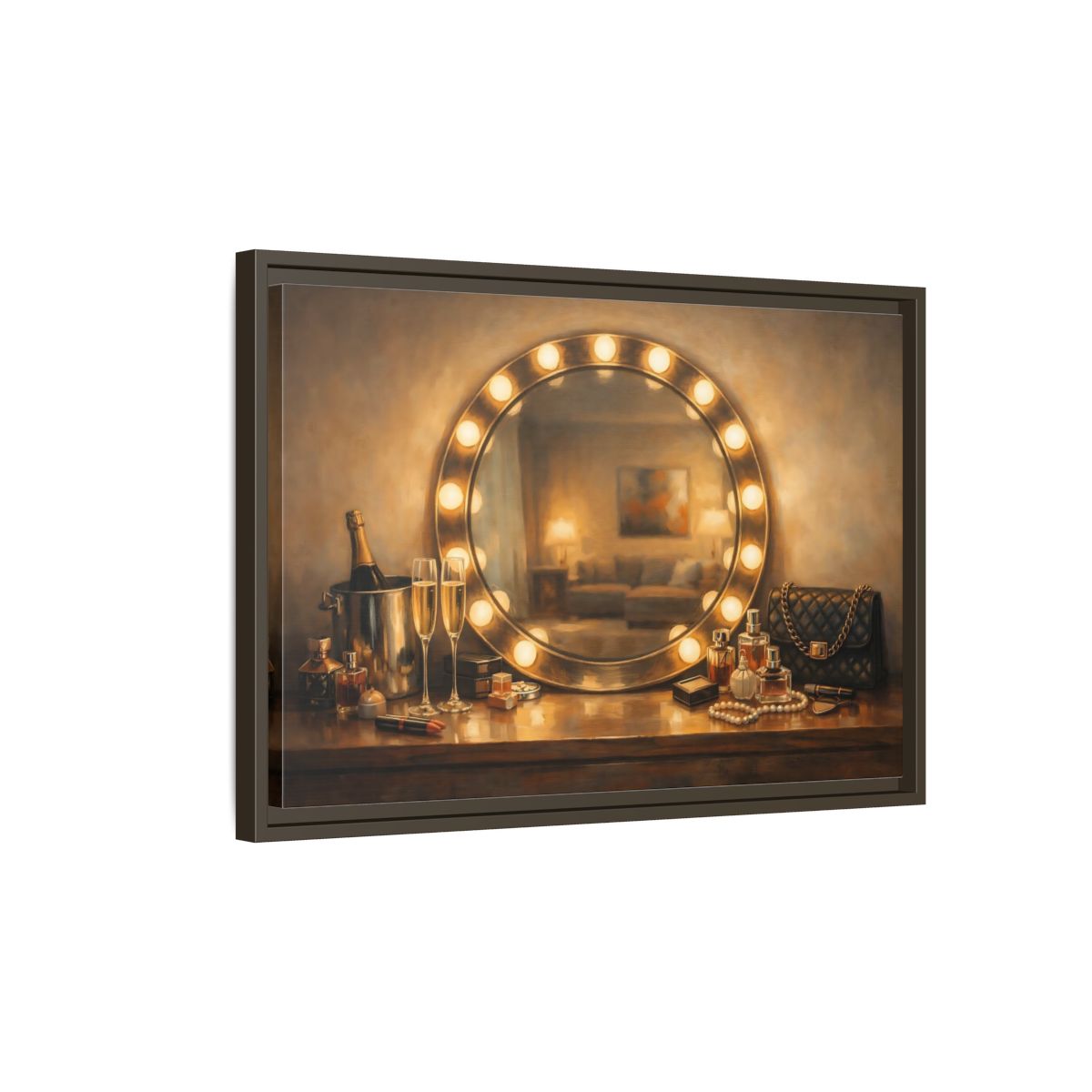 Side Mockup 2. Vintage Vanity Mirror Brown And Gold shown as stretched canvas wall art