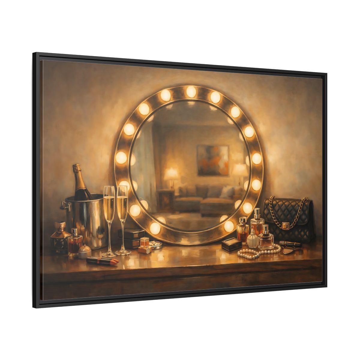 Side Mockup 12. Vintage Vanity Mirror Brown And Gold shown as stretched canvas wall art