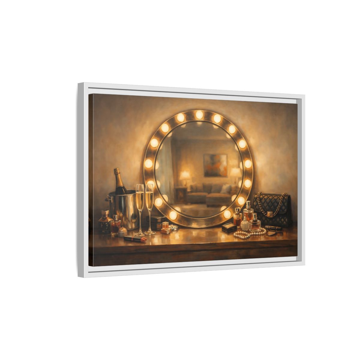 Side Mockup 1. Vintage Vanity Mirror Brown And Gold shown as stretched canvas wall art