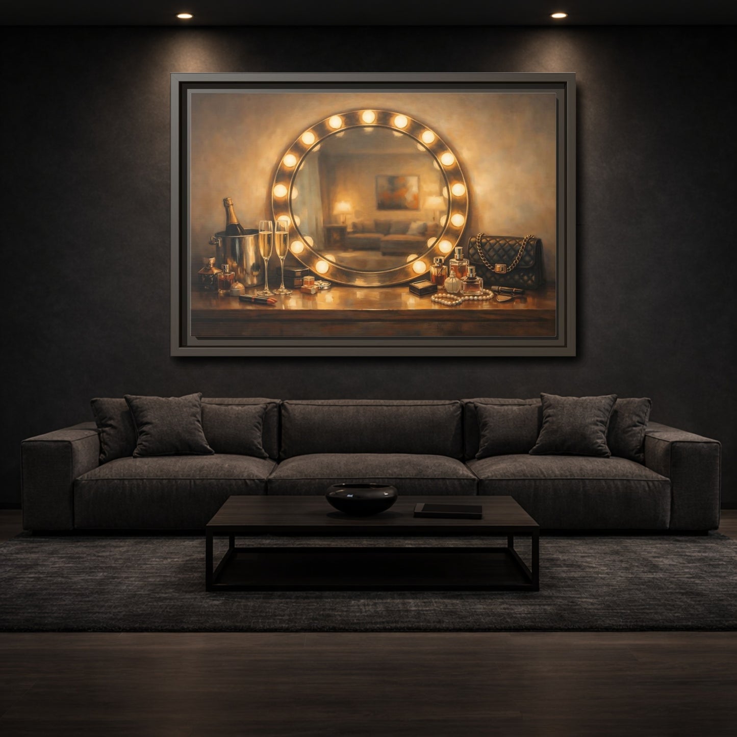 Mockup 2. Vintage Vanity Mirror Brown And Gold shown as stretched canvas wall art