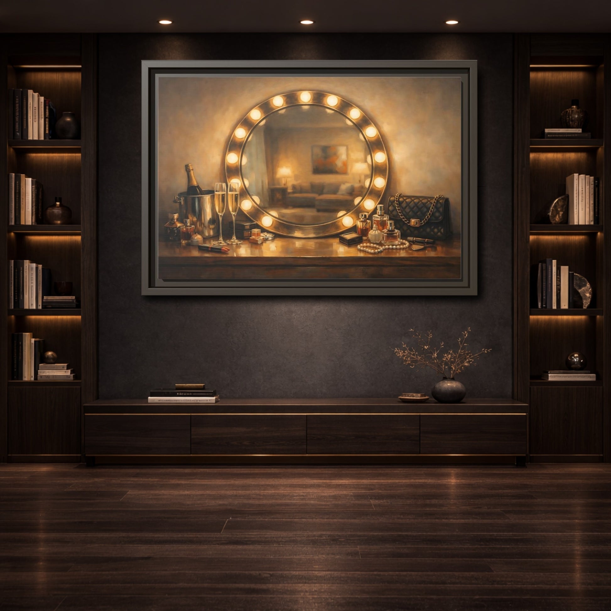Mockup 3. Vintage Vanity Mirror Brown And Gold shown as stretched canvas wall art