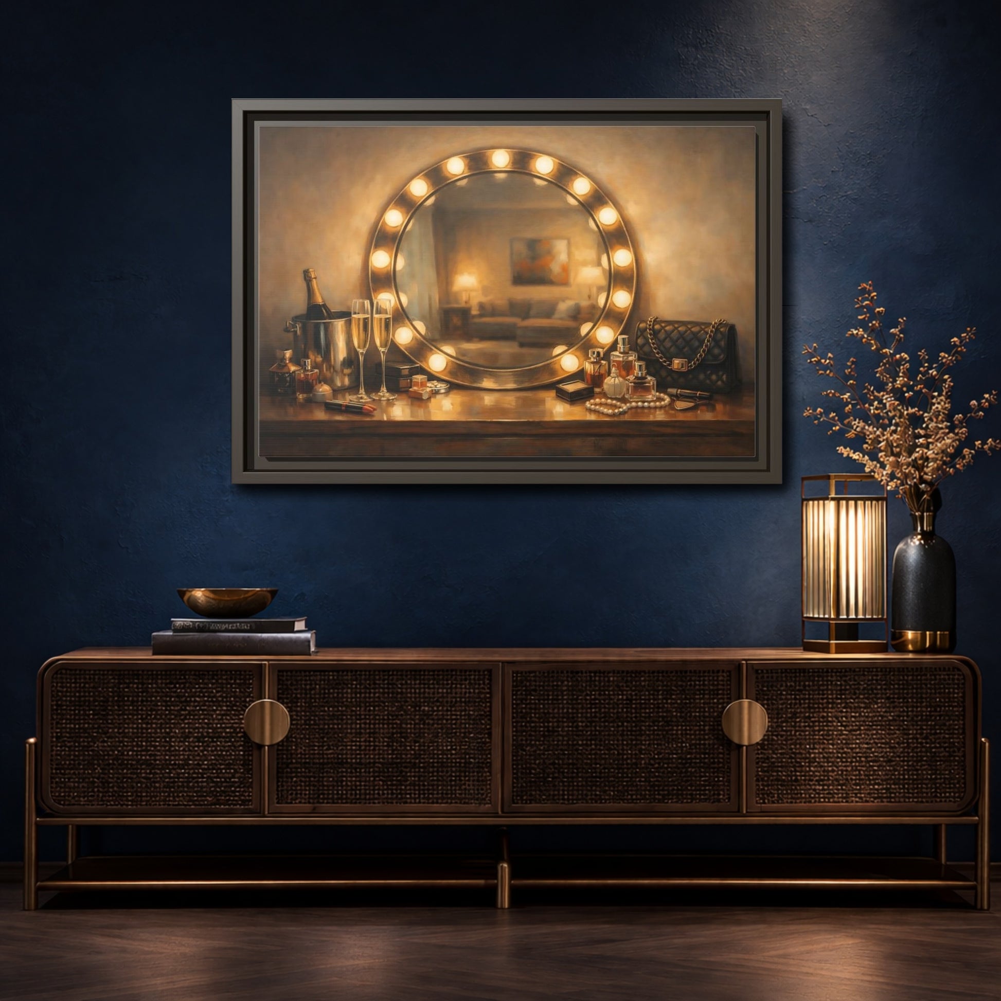 Mockup 4. Vintage Vanity Mirror Brown And Gold shown as stretched canvas wall art