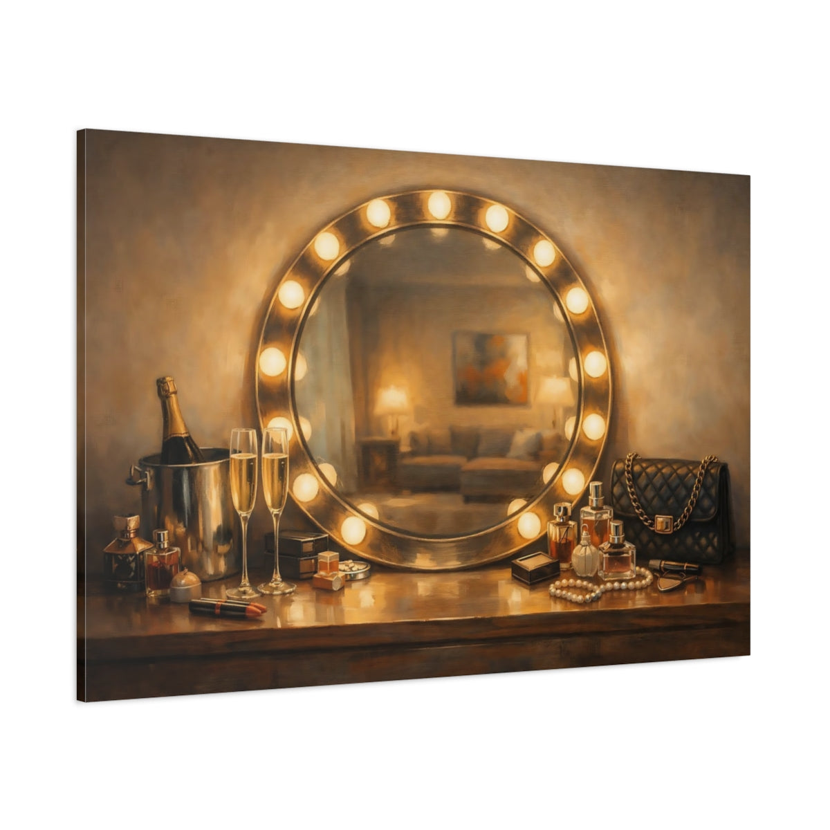 Main Mockup. Vintage Vanity Table Gold And Brown Glamour shown as stretched canvas wall art