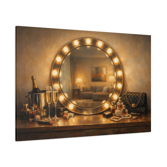 Main Mockup. Vintage Vanity Table Gold And Brown Glamour shown as stretched canvas wall art