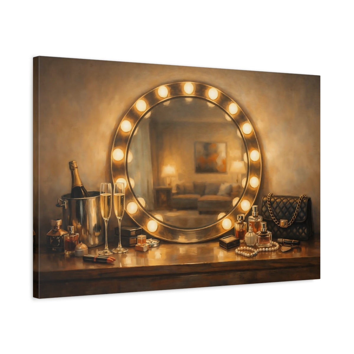 Side Mockup 2. Vintage Vanity Table Gold And Brown Glamour shown as stretched canvas wall art