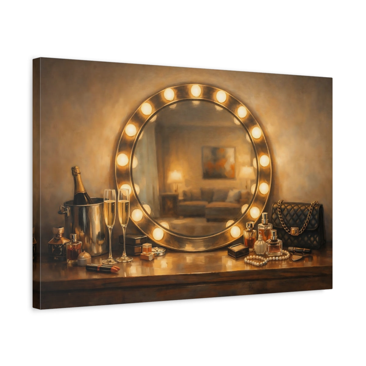 Side Mockup 3. Vintage Vanity Table Gold And Brown Glamour shown as stretched canvas wall art