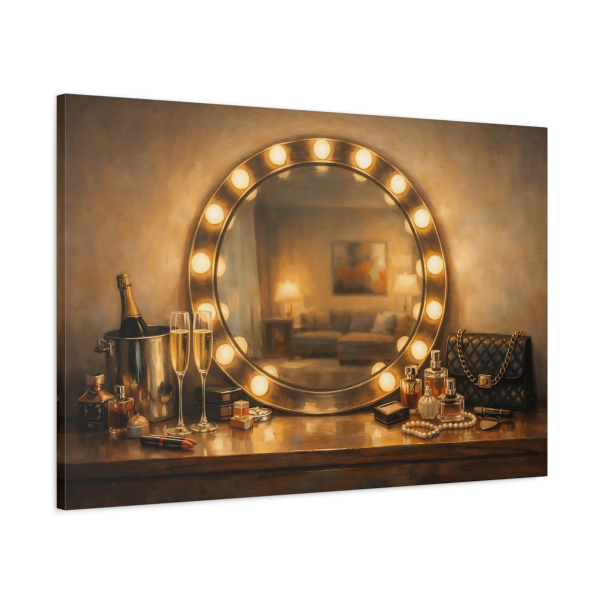 Side Mockup 1. Vintage Vanity Table Gold And Brown Glamour shown as stretched canvas wall art