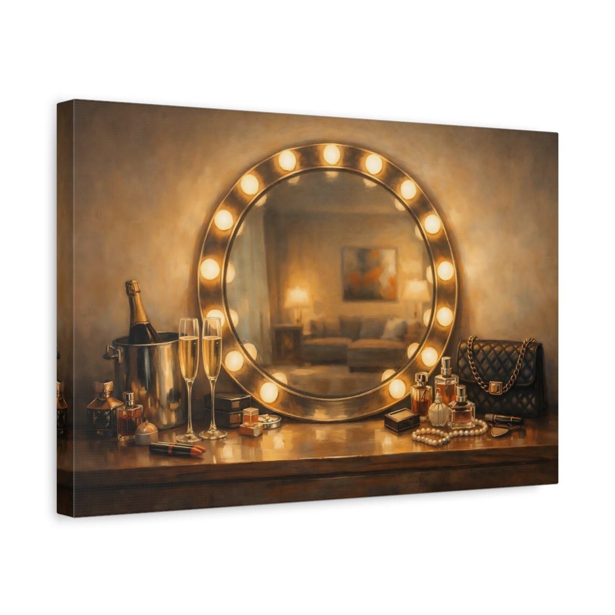 Side Mockup 4. Vintage Vanity Table Gold And Brown Glamour shown as stretched canvas wall art