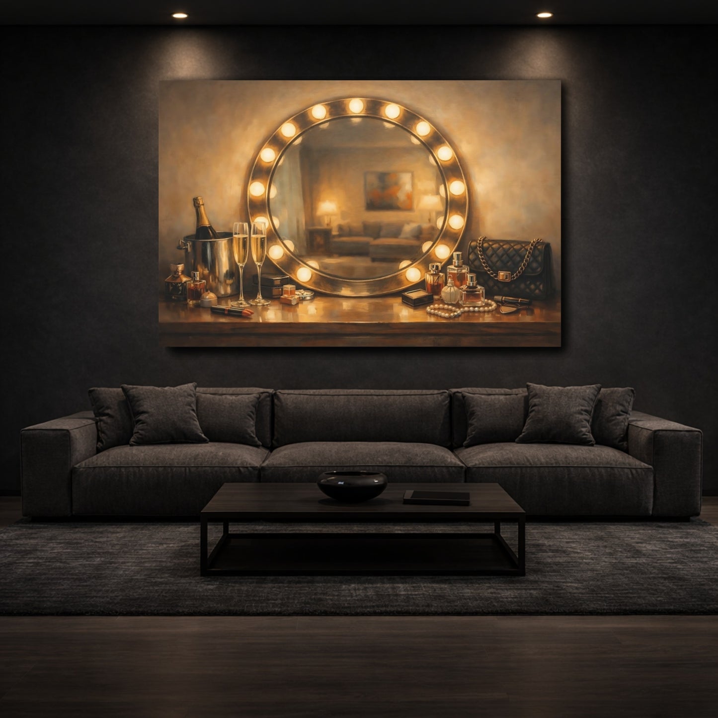 Mockup 2. Vintage Vanity Table Gold And Brown Glamour shown as stretched canvas wall art