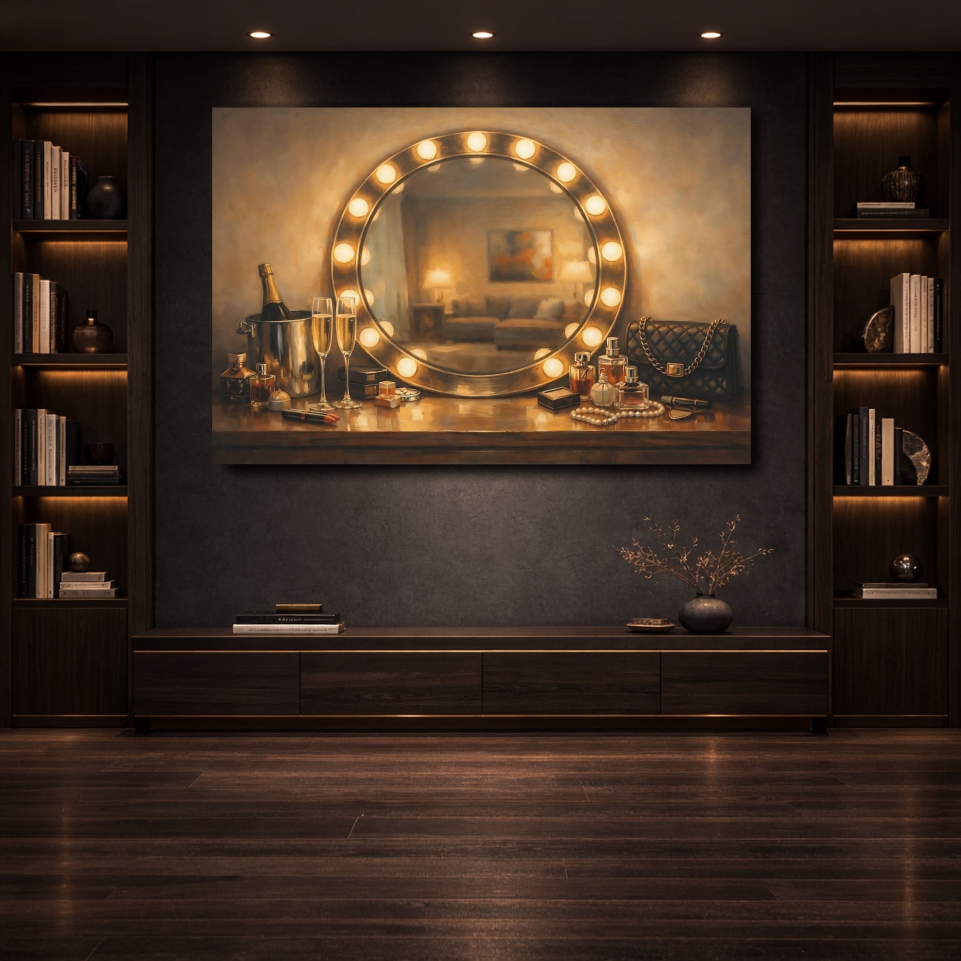 Mockup 3. Vintage Vanity Table Gold And Brown Glamour shown as stretched canvas wall art