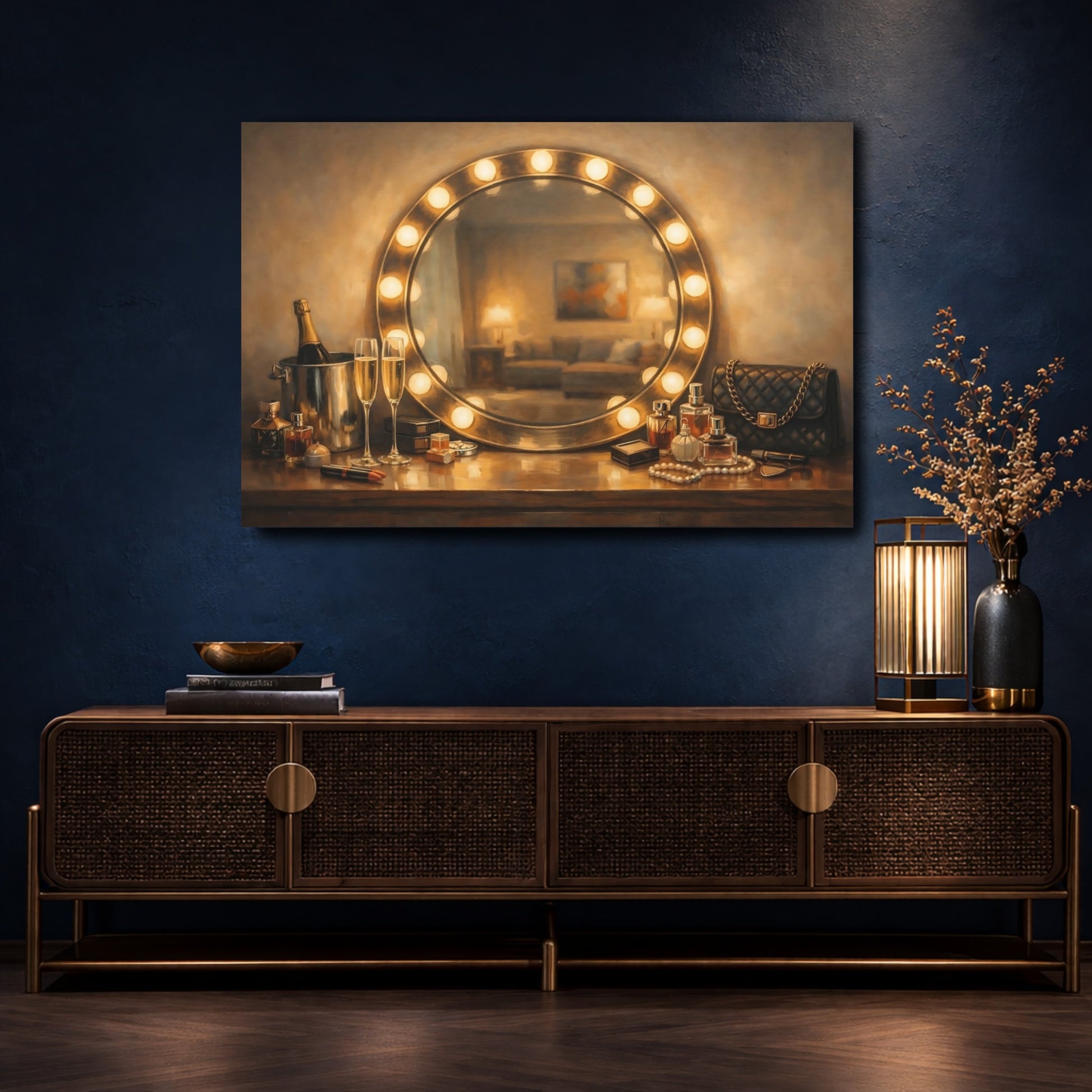 Mockup 4. Vintage Vanity Table Gold And Brown Glamour shown as stretched canvas wall art