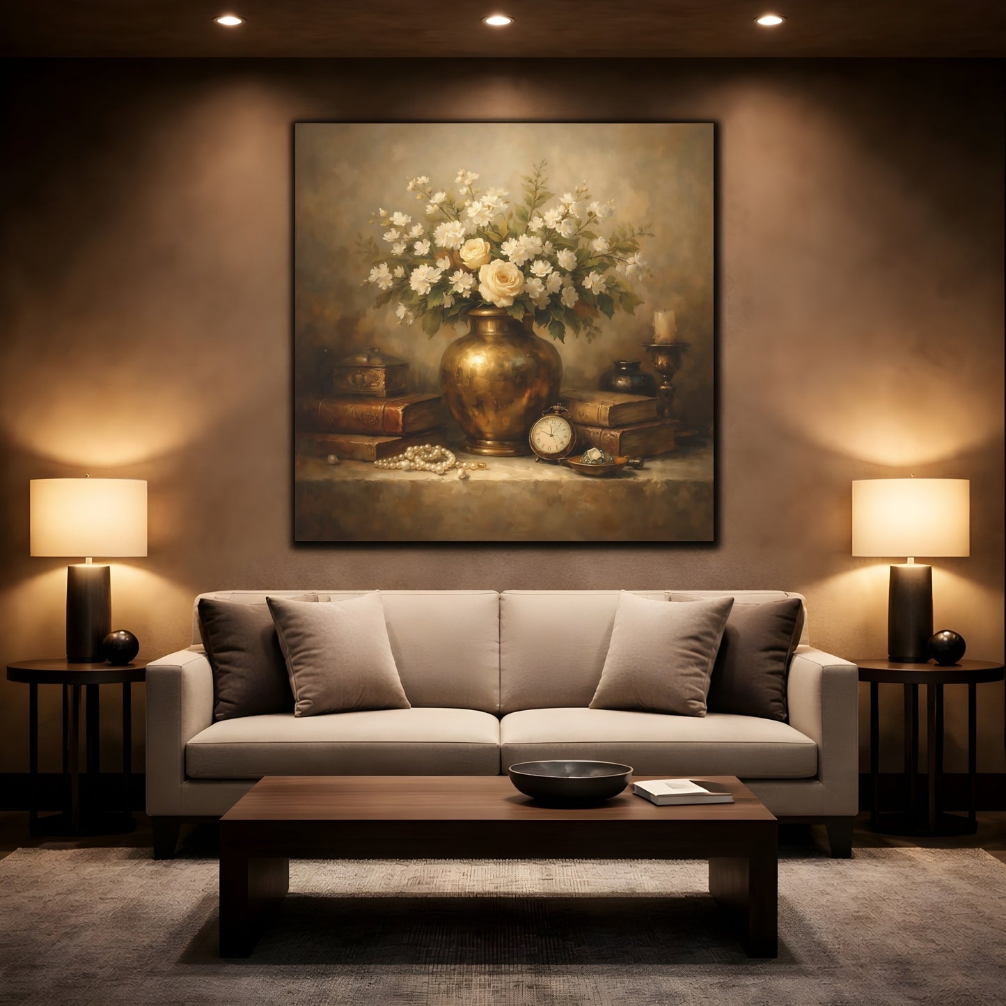 Mockup 2. Vintage Vase With Flowers Vintage Floral shown as stretched canvas wall art
