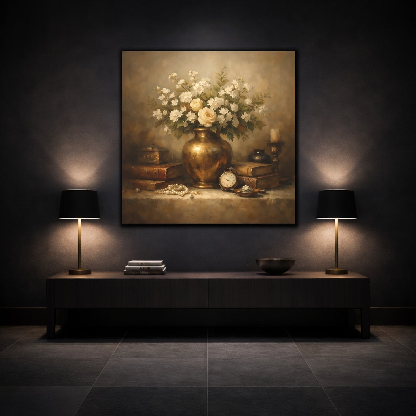 Mockup 3. Vintage Vase With Flowers Vintage Floral shown as stretched canvas wall art