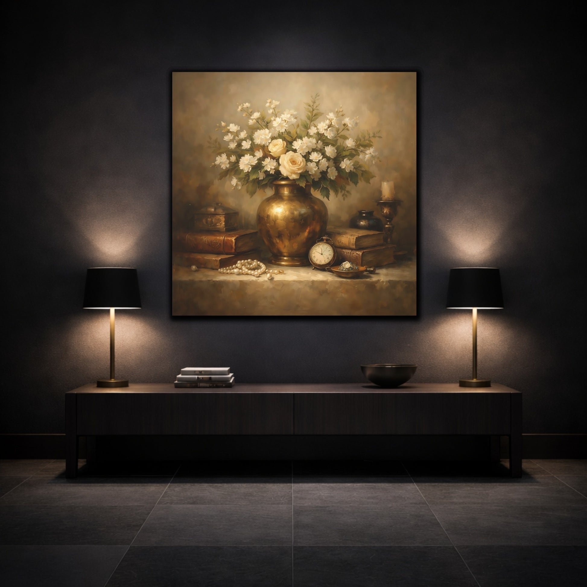Mockup 3. Vintage Vase With Flowers Vintage Floral shown as stretched canvas wall art