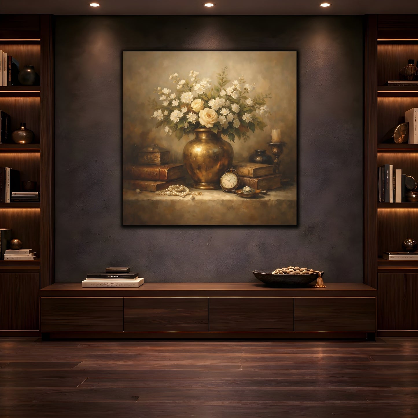 Mockup 4. Vintage Vase With Flowers Vintage Floral shown as stretched canvas wall art