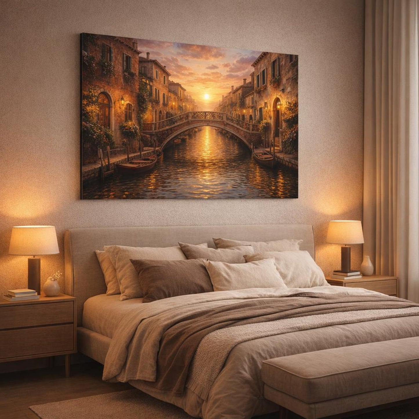 Vintage Venetian Canal Golden Sunset shown as canvas wall art in a luxury bedroom