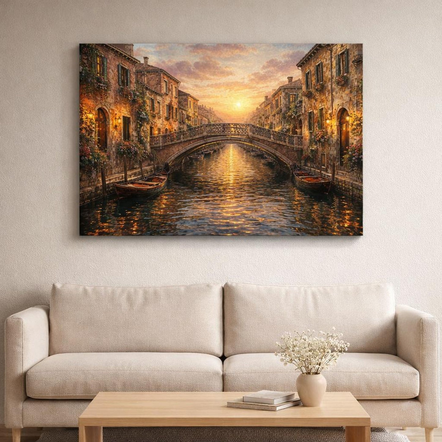 Vintage Venetian Canal Golden Sunset shown as canvas wall art in a sophisticated contemporary living space